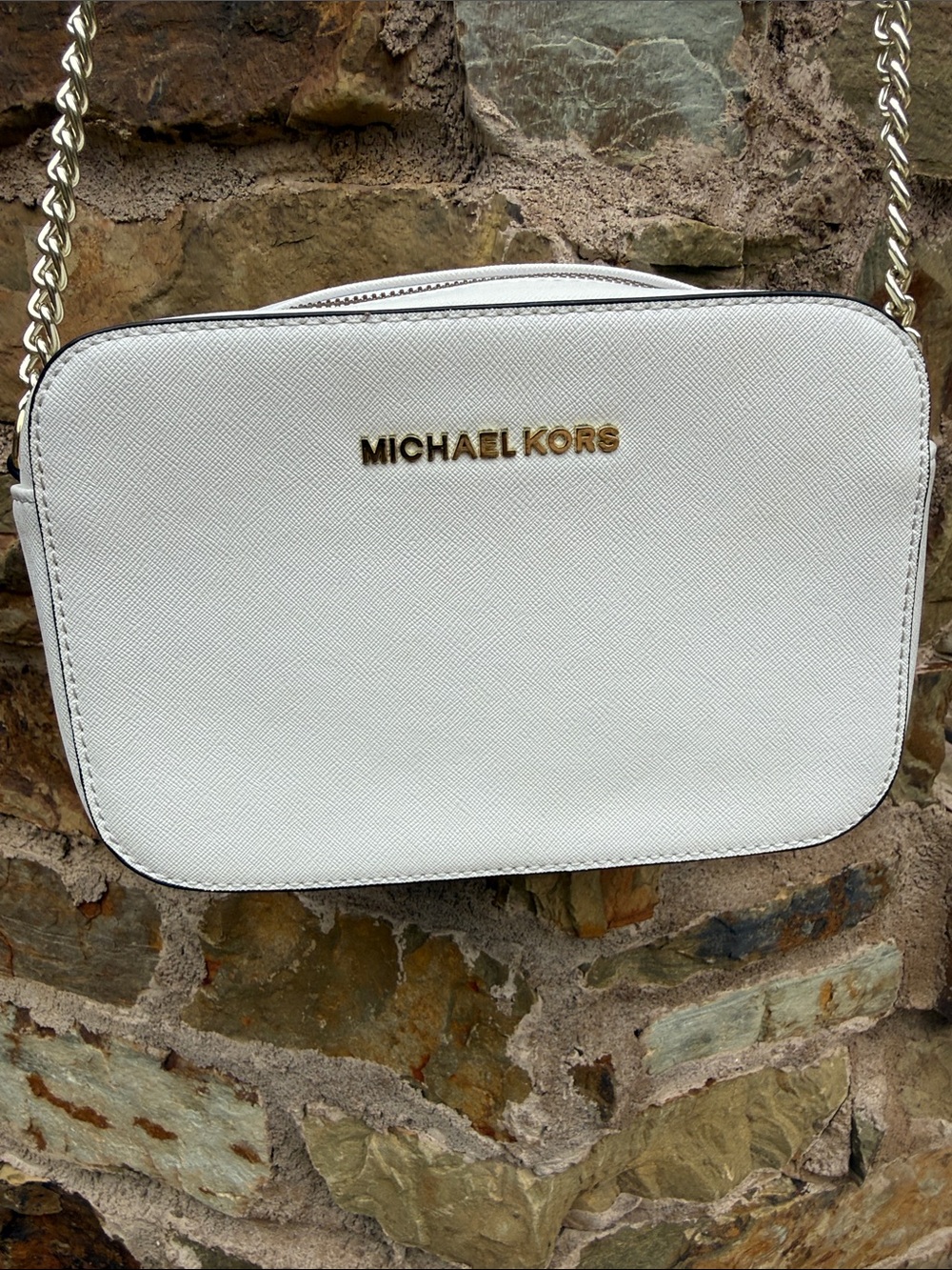Michael Kors White Crossbody with Gold Logo and Chain Strap